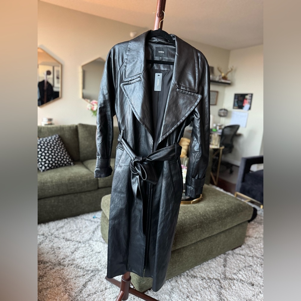 Express Elegant Black Leather Trench Coat